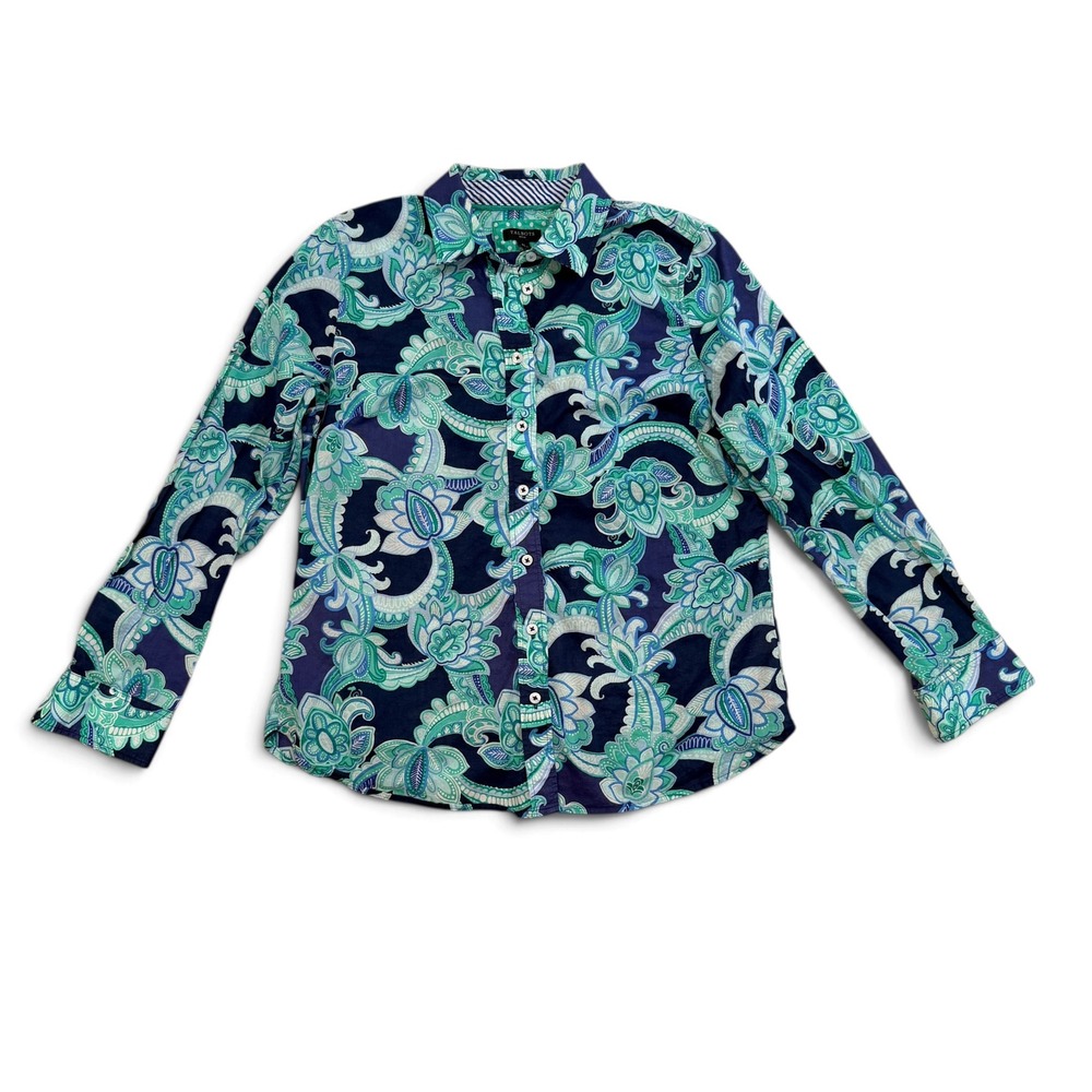 Talbots Button Down Shirt Navy Teal Paisley Cotton Long Sleeve Womens Small SP